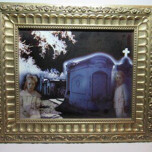 Giclee Print in Ornate Gold Frame, 13 x 11",  Spooky Cemetery Ghost Children Vtg